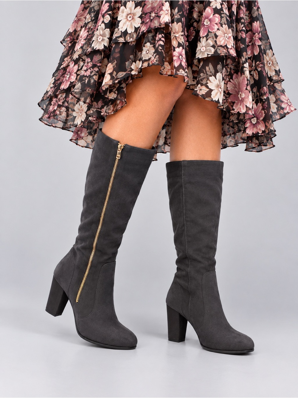 Ladies TG Gray Knee-High Block Heel Boots with Gold Zip